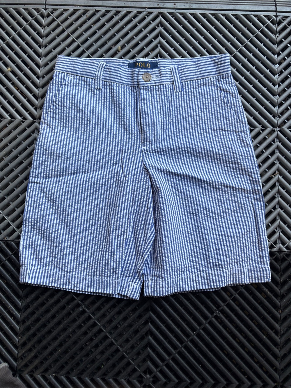 Polo by Ralph Lauren Blue & White Seersucker Men’s Flat Front Shorts